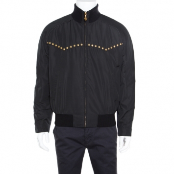 Pre Owned  Versace Black Studded Zip Front Bomber Jacket L