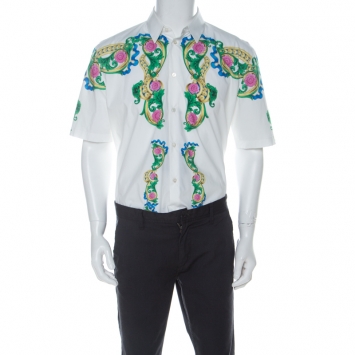 Pre Owned Versace White Cotton Miami Print Short Sleeve Shirt L 