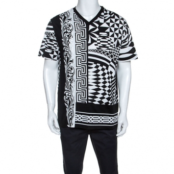 Pre Owned Versace Monochrome Optical Illusion Print Cotton V-Neck T-Shirt L