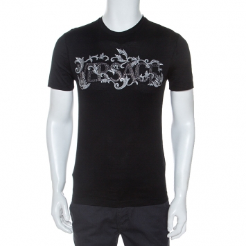 Pre Owned Versace Black Cotton Logo Embroidered And Embellished T-Shirt XS