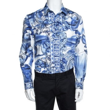 Pre Owned Versace Collection Blue Printed Cotton Button Front Trend Shirt L