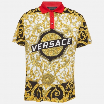 Pre Owned Versace Black Baroque Print Cotton Polo T-Shirt XXL