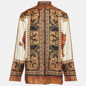 Pre Owned Versace Orange/Black Baroque Print Silk Shirt XXL