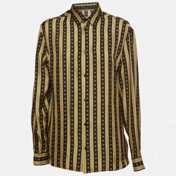 Pre Owned Versace Black & Gold Greca Print Silk Buttoned Up Shirt M