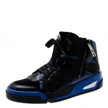 Pre Owned Versace Black/Blue Leather And Suede High Top Sneakers Size 42