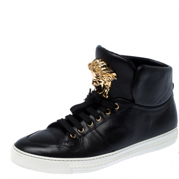 Pre Owned Versace Black Leather Medusa Lace High Top Sneakers Size 44