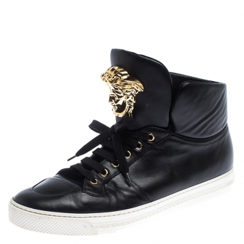 Pre Owned Versace Black Leather Medusa Lace High Top Sneakers Size 43