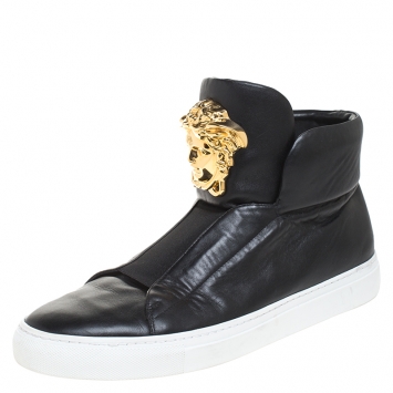 Pre Owned Versace Black Leather Palazzo Medusa High Top Sneakers Size 42