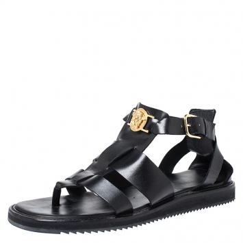 Pre Owned Versace Black Leather Medusa Gladiator Flat Sandals Size 43