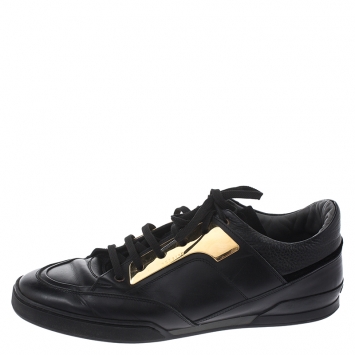 Pre Owned Versace Black Leather Gold Plate Low Top Sneakers Size 42