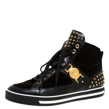 Pre Owned Versace Black Leather And Suede Studded Medusa High Top Sneakers Size 43