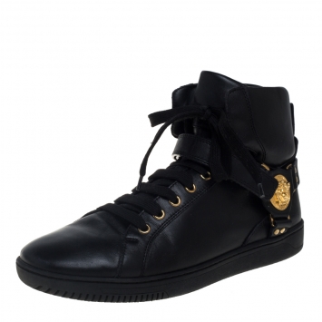 Pre Owned Versace Black Leather Medusa High-Top Sneakers Size 42