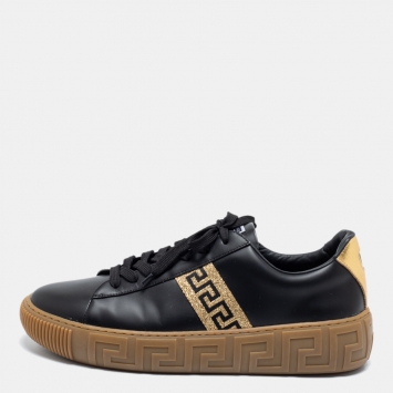 Pre Owned Versace Black/Gold Leather Greca Low Top Sneakers Size 45