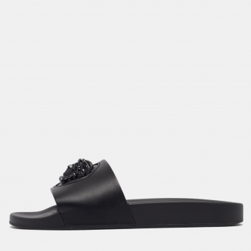 Pre Owned Versace Black Leather La Medusa Pool Slides Size 39