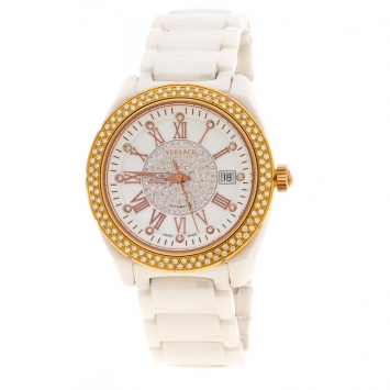 Pre Owned Versace White Mother of Pearl Diamond Stainless Steel Ceramic Unisex Men's Wristwatch 40MM