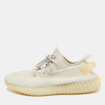 Pre Owned Yeezy x Adidas Off White Knit Fabric Boost 350 V2 Light Sneakers Size 46