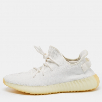 Pre Owned Yeezy x Adidas White Knit Fabric Boost 350 V2 Cream White Sneakers Size 48