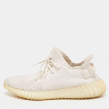 Pre Owned Yeezy x Adidas White Knit Fabric Boost 350 V2 Triple White Sneakers Size 42 2/3
