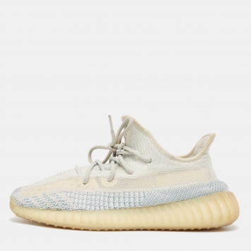 Pre Owned Yeezy x Adidas Light Blue/White Knit Fabric Boost 350 V2 Cloud White Sneakers Size 43 1/3