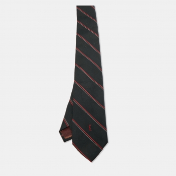 Pre Owned Yves Saint Laurent Vintage Black/Red Diagonal Striped Silk Tie