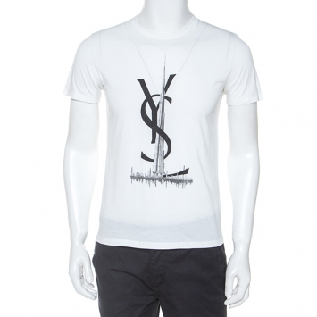 Pre Owned Yves Saint Laurent White Logo Print Cotton Dubai Exclusive T-Shirt M 