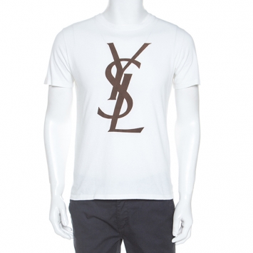 Pre Owned Yves Saint Laurent White Logo Print Cotton T-Shirt M