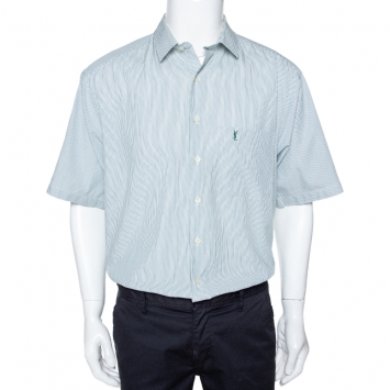 Pre Owned Yves Saint Laurent Green Striped Cotton Short Sleeve Shirt XL