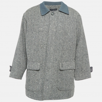 Pre Owned Yves Saint Laurent Vintage Grey Herringbone Wool Coat XL