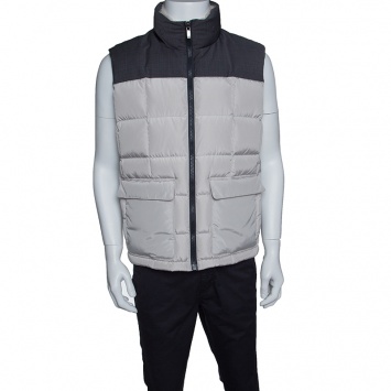 Pre Owned Z Zegna Beige and Grey Shearling Collar Detail Sleeveless Ultradown Puffer Jacket L