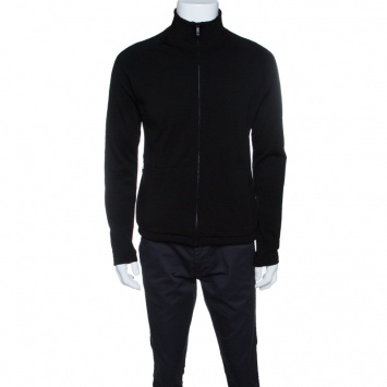 Pre Owned Z Zegna Technomerino Black Wool Contrast Neck Zip Front Sweatshirt M