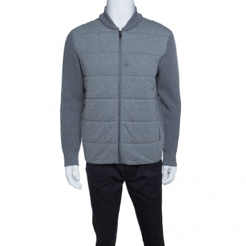 Pre Owned Z Zegna Grey Quilted Front Panel Chunky Knit Zip Front Cardigan L