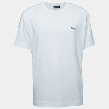 Pre Owned Z Zegna White Logo Embroidered Cotton Half Sleeve T-Shirt XL