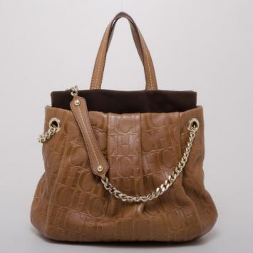 Pre Owned Carolina Herrera Brown Monogram Leather Embossed  Tote