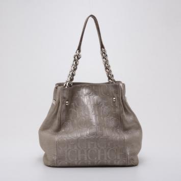 Pre Owned Carolina Herrera Monogram Chain Handle Tote Silver 