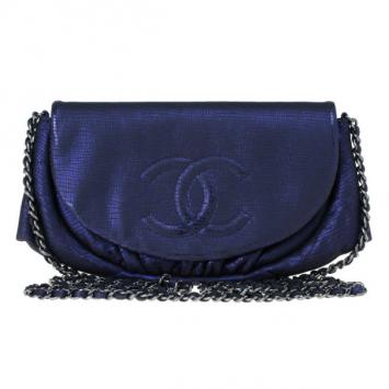 Pre Owned Chanel Purple Glitter Leather Half Moon Wallet On Chain