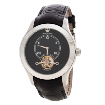 Pre Owned Emporio Armani Black Meccanico AR4637 Stainless Steel Leather Men's Wristwatch 44 MM