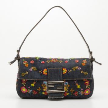 Pre Owned Fendi Floral Beaded Denim Baguette Bag