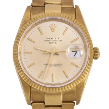 Pre Owned Rolex Oyster Perpetual Date 18 K Yellow Gold Womens Wristwatch 34 MM