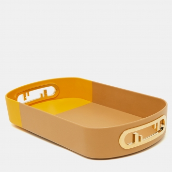 Pre Owned Fendi Beige/Yellow Leather O’Lock Oval Tray