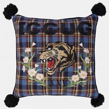 Pre Owned Gucci Blue Tiger Embroidered Tartan Wool Blend Cushion