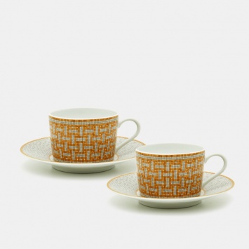 Pre Owned Hermès Mosaique AU 24 Gold Tea Cup and Saucer Set