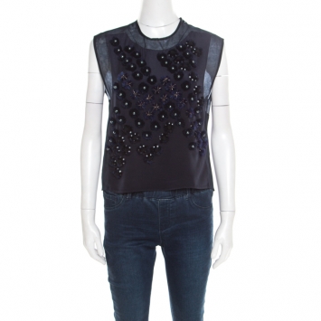 Pre Owned 3.1 Phillip Lim Navy Blue Dandelion Silk Applique Detail Sleeveless Crop Top XS