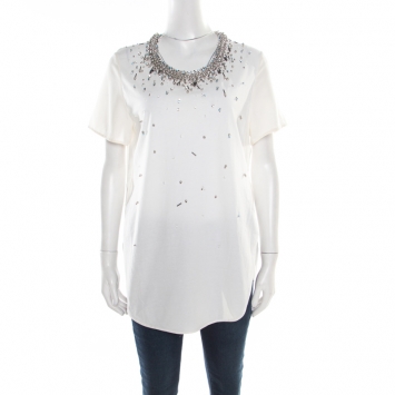 Pre Owned 3.1 Phillip Lim Cream Cotton and Silk Crystal Embellished High Low Top S