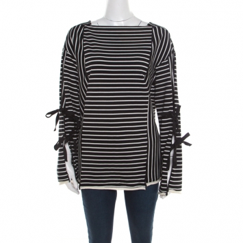 Pre Owned 3.1 Phillip Lim Monochrome Striped Cutout Sleeve Tie Detail Top M