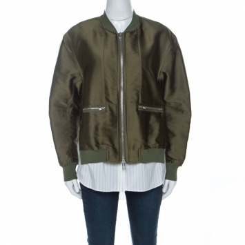 Pre Owned 3.1 Phillip Lim Olive Green Satin % Striped Poplin Bomber Jacket S