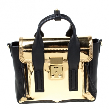 Pre Owned 3.1 Phillip Lim Metallic Gold/Black Leather Mini Pashli Top Handle Bag