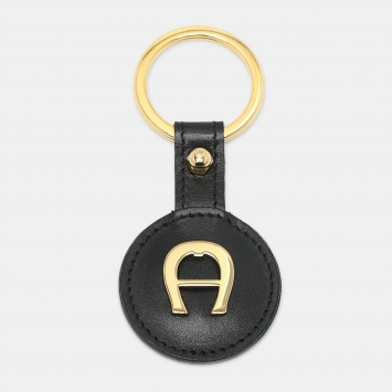 Pre Owned Aigner Key Ring Black Leather and Gold Tone Metal