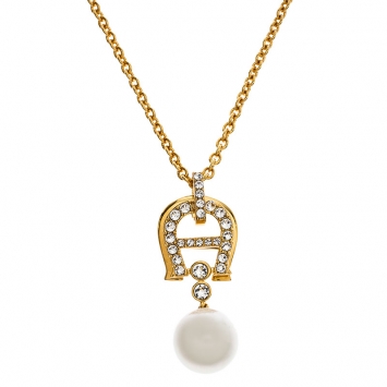 Pre Owned Aigner Crystal Faux Pearl Gold Plated Long Pendant Necklace