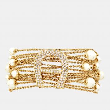 Pre Owned Aigner Capri Faux Pearl Crystal Gold Tone Bracelet