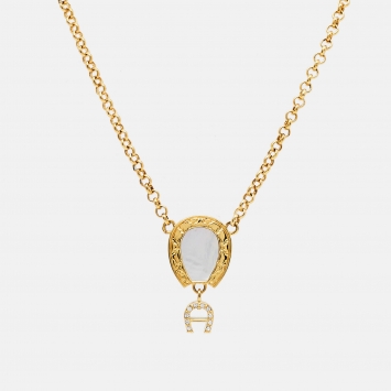 Pre Owned Aigner Gold Tone Mother of Pearl Crystal Logo Pendant Necklace